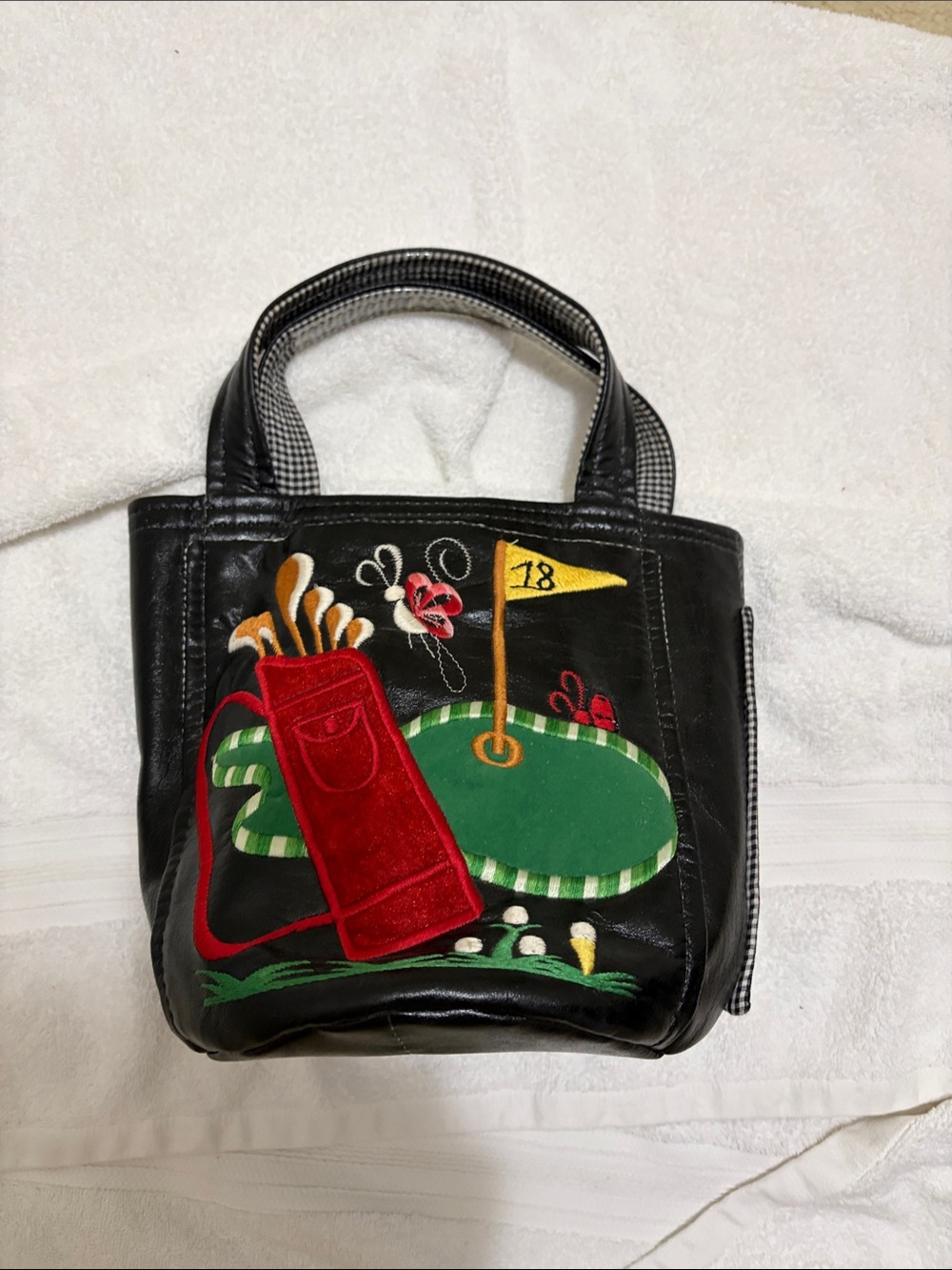 Black Golf Appliqué Tote with Red Bag and Green Putting Green